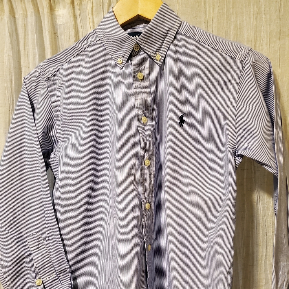 Ralph Lauren Polo Striped Button Down Shirt, boys size 10-12, Blue And White
